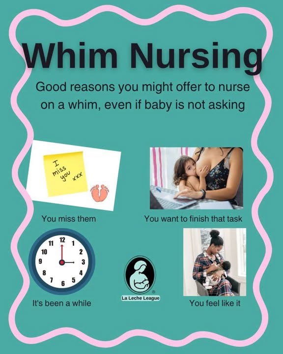 Poster showing examples of "whim nursing" - good reasons why you might offer to nurse on whim, even if the baby is not a asking. Examples it gives are missing them, wanting to finish a task, it's been a while, and you feel like it.